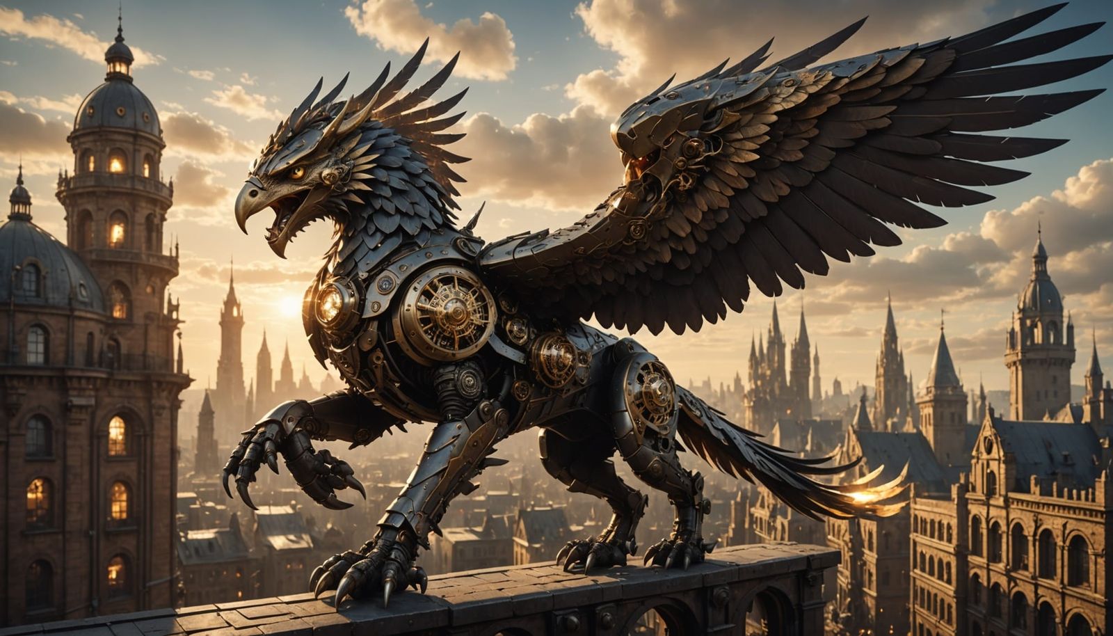 Armored Gryphon Soaring Over Steampunk City