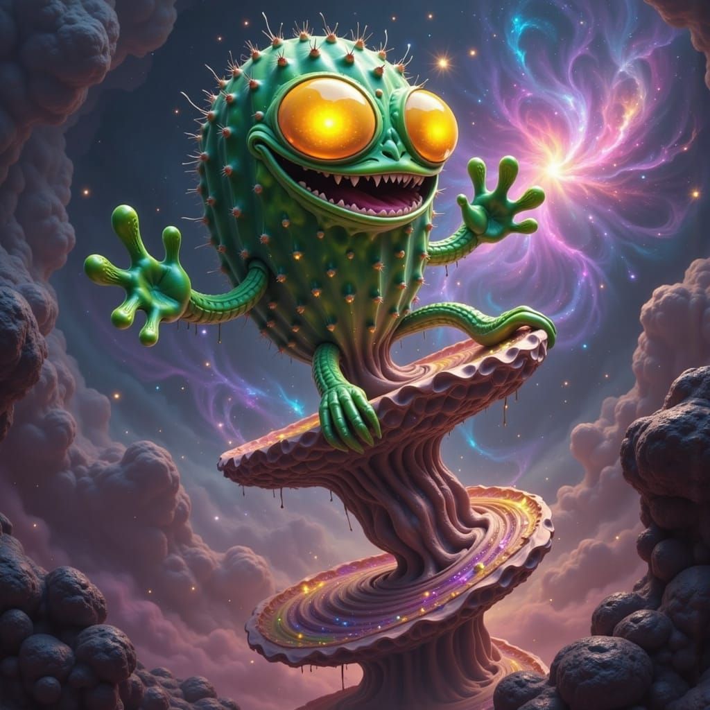 Cactus-Man Hybrid in Nebular Dreamscape