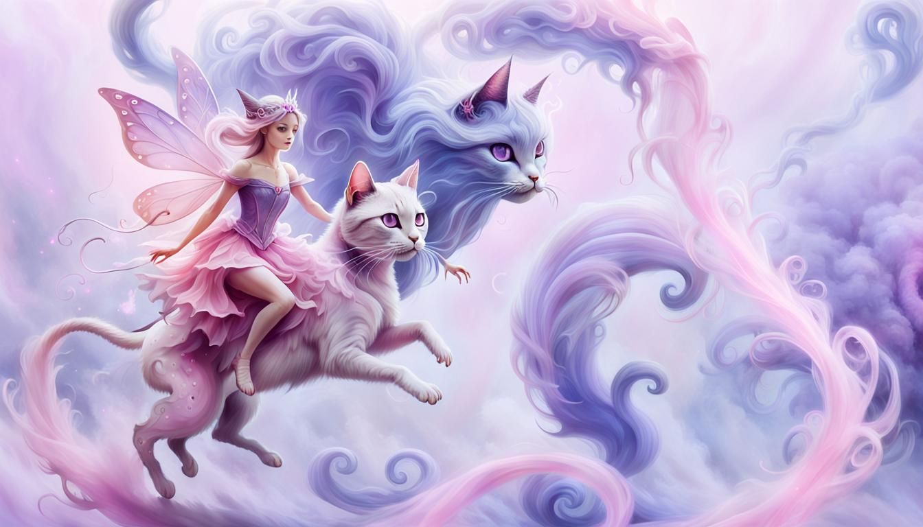 Pastel Pink Fairy Rides Mystical Smoke Cat