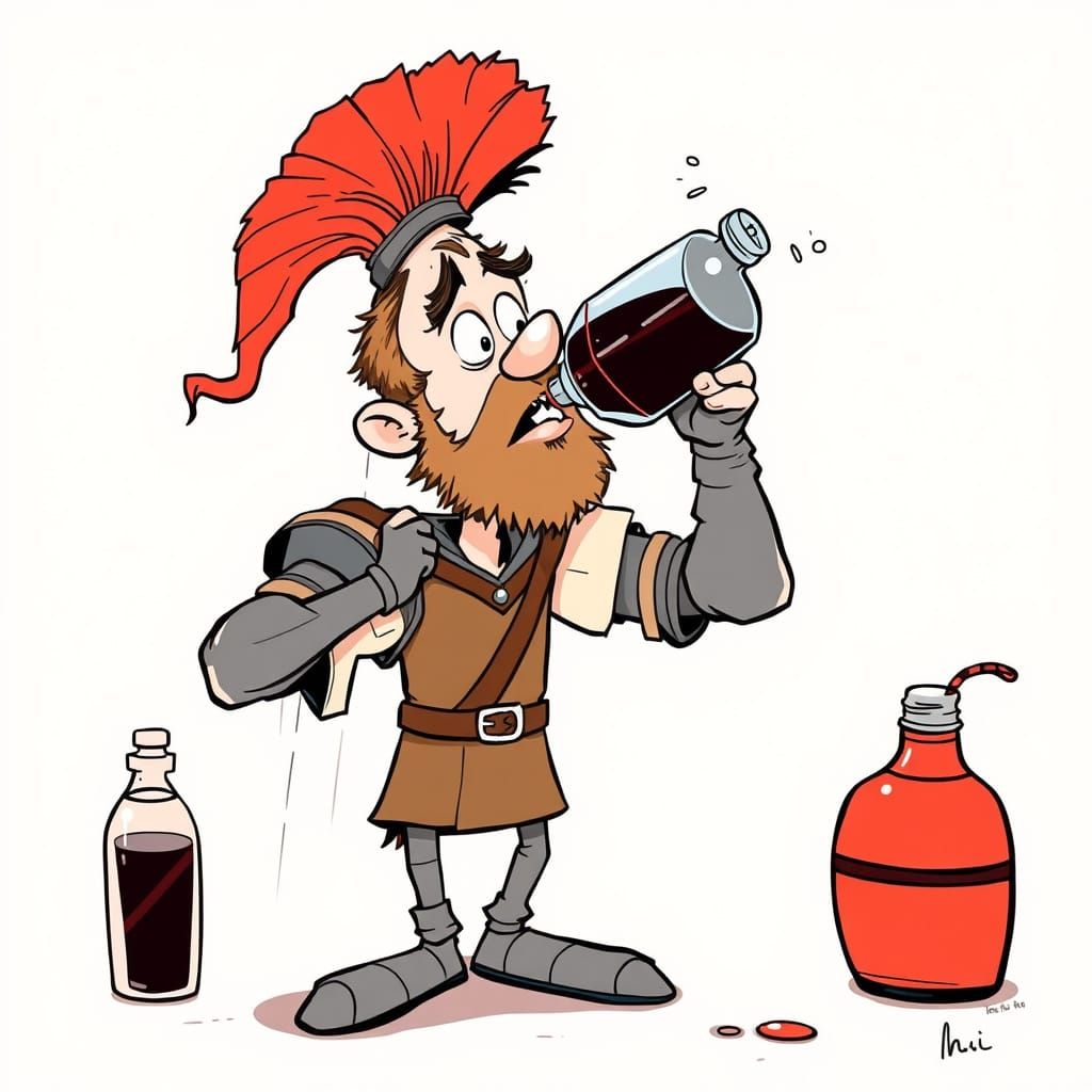 Don Quixote Guzzling Soda: Cartoon Style