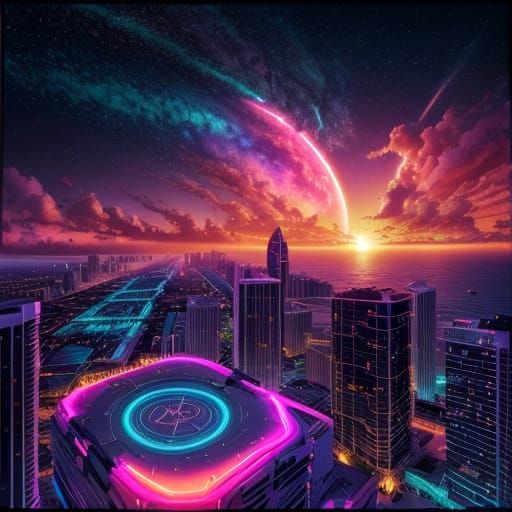Epic Cinematic Neon Sunset in 90s Miami Style