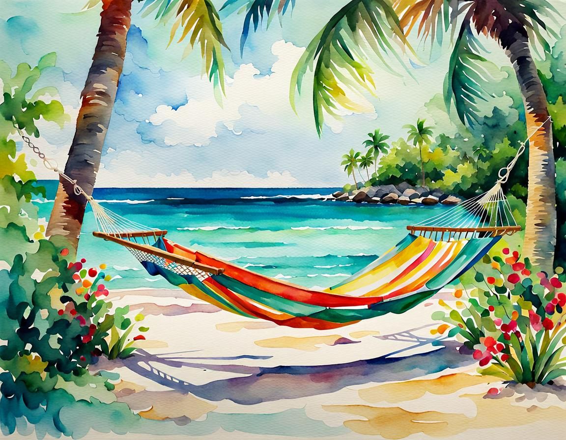 Caribbean Beach Hammock in Tropical Watercolor Style