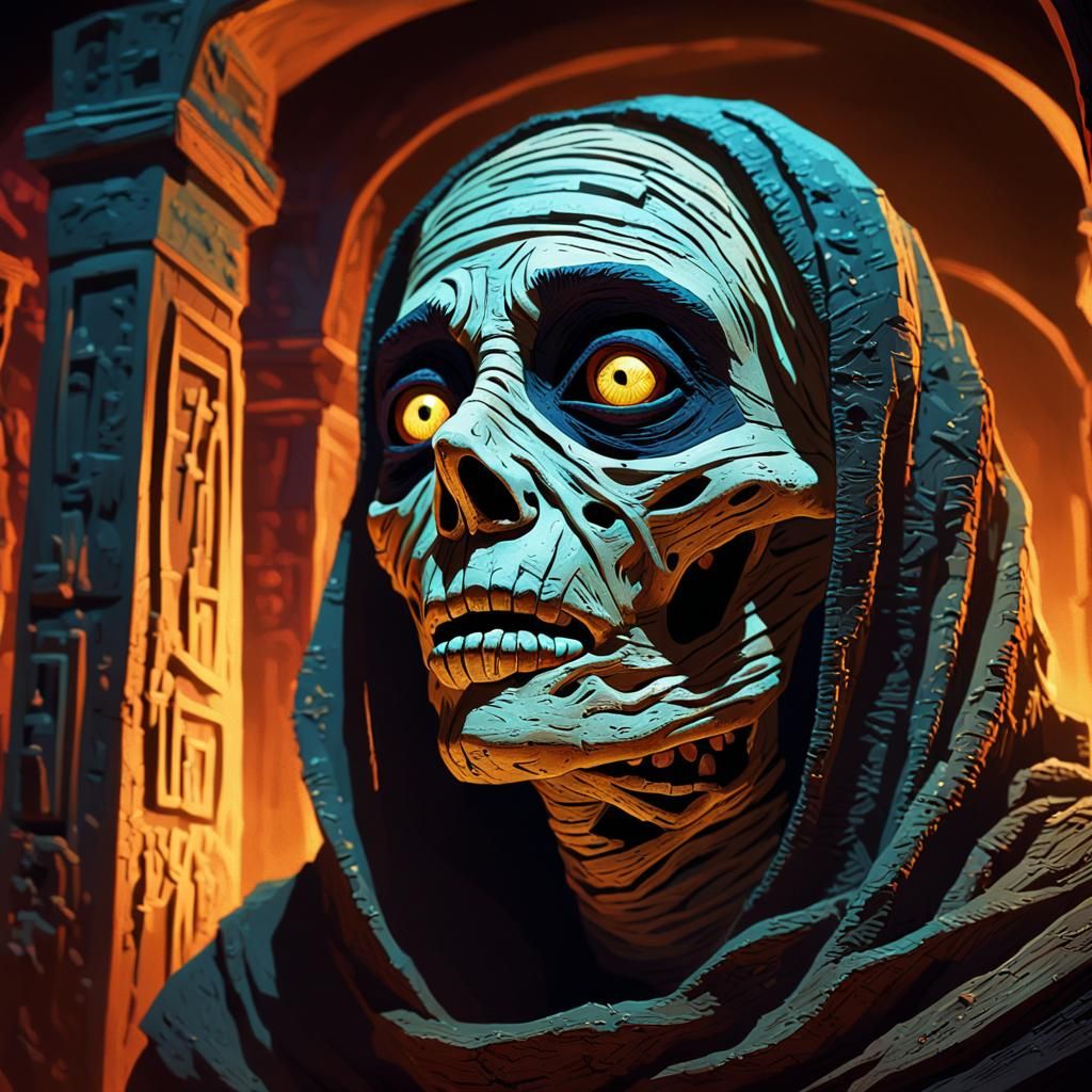 Cartoon Mummy Escapes Coffin in Tim Burton Style