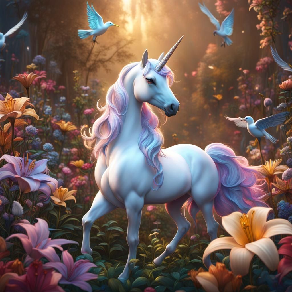 Fantastical Baby Unicorn with Lilies and Doves in 3D