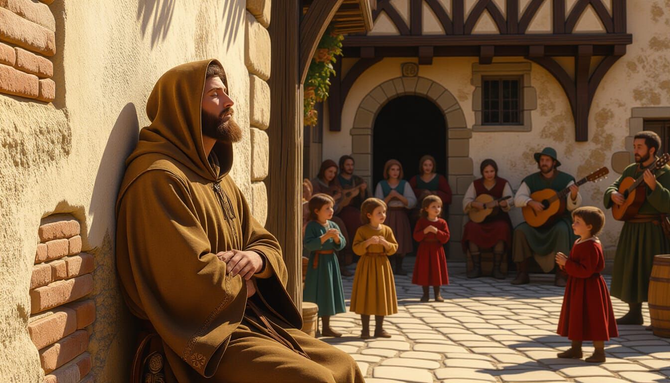 Medieval Scribe Rests by Tavern, Inspired by Manuscript Mini...