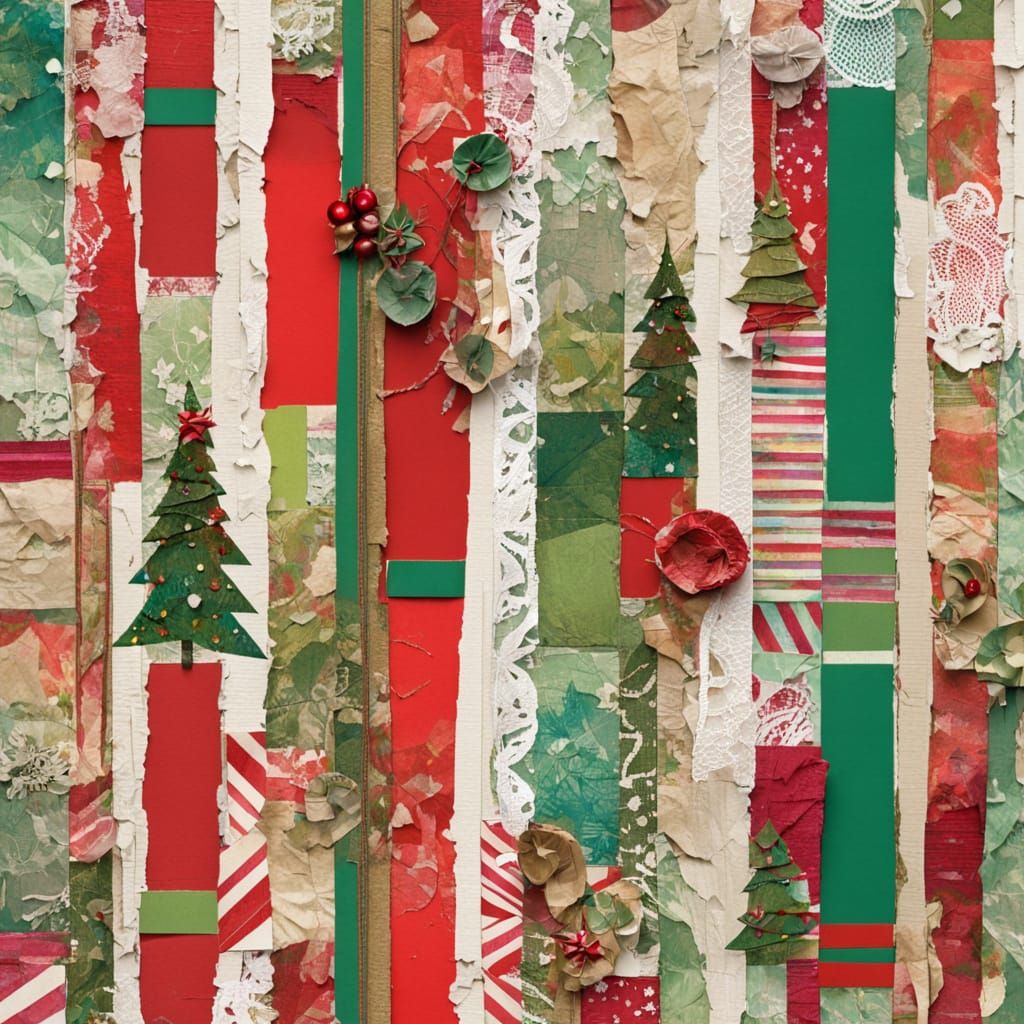 Surreal Christmas Morning Collage of Ripped Paper and Lace