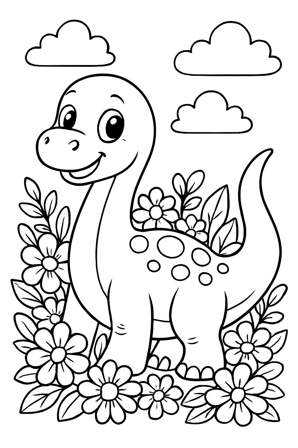 Dinosaur Coloring Page with Flowers Cartoon