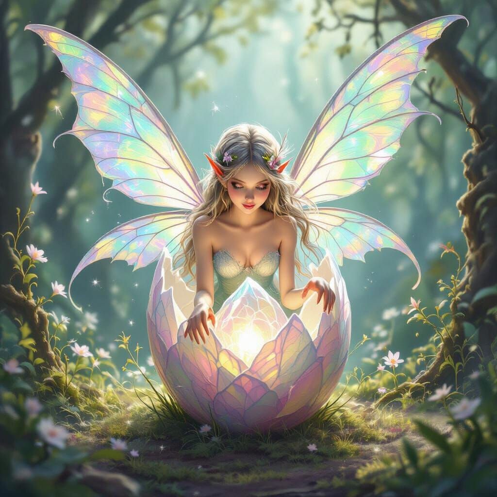 Fairy Emerges From Crystalline Egg With Dragon Wings