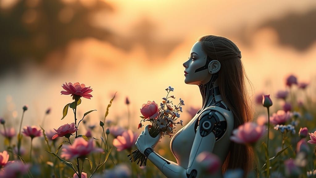 AI Woman's Blooming Sentience in a Meadow