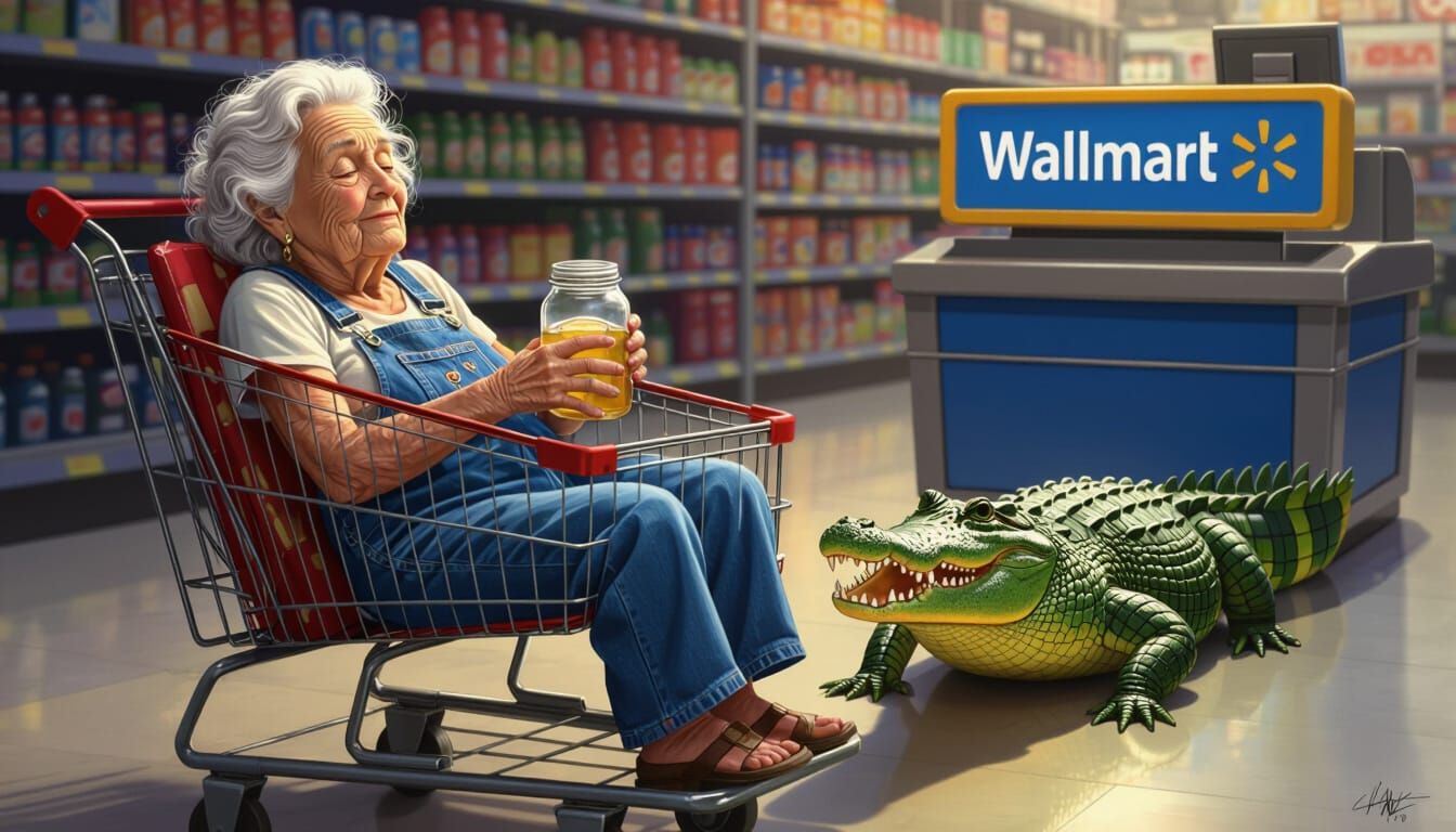 Surreal Wallmart Scene: Woman Sleeps in Cart Pulled by Allig...