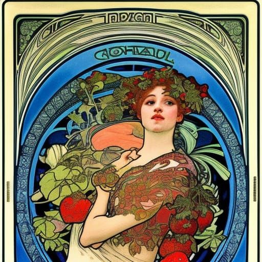 Strawberries in Art Nouveau Style, Hyperrealistic Detail