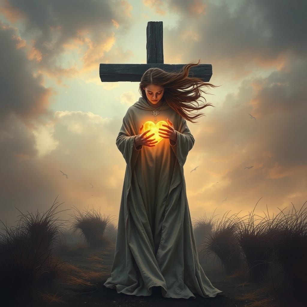 Woman with Glowing Heart Before Cross, in Matte Painting Sty...