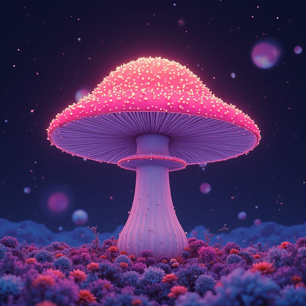 Vibrant, Glowing Donzo Mushroom in Cosmic Space