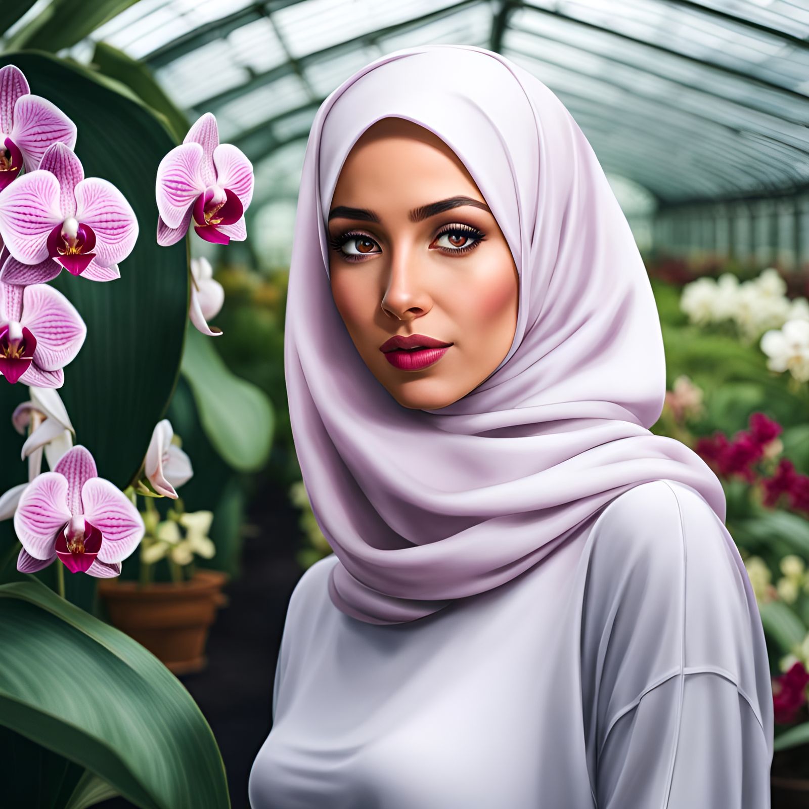 Beautiful Hijabi Woman with Orchids in Greenhouse