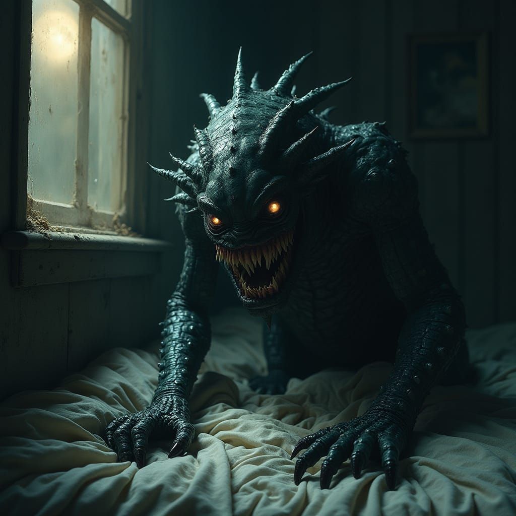 Grotesque Creature Hides in Dark Shadows Under Bed