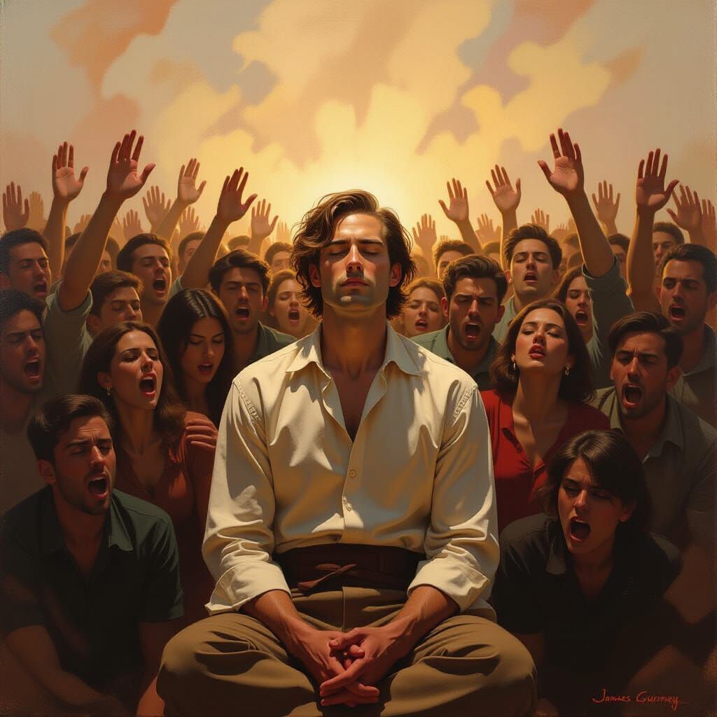 Peaceful Figure Amidst Angry Crowd Oil Painting