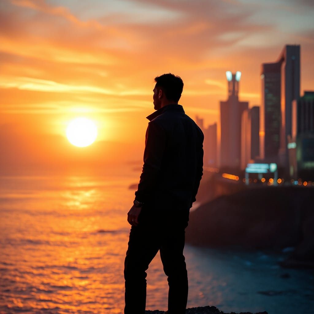 Cyberpunk Sunset on a Neon-Lit Island