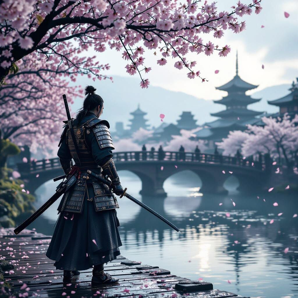 Lone Ronin on Ancient Bridge Under Cherry Blossoms