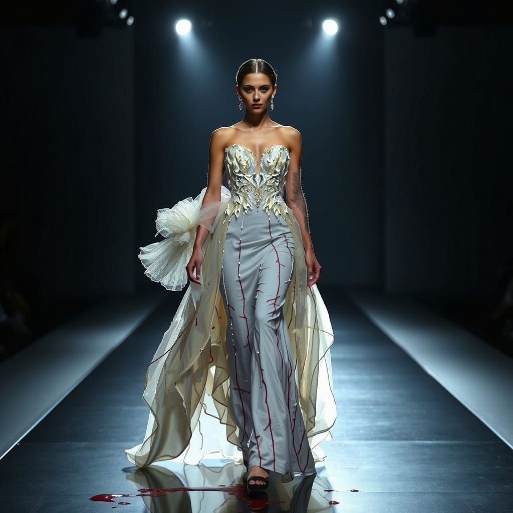 Angel-Essence Model in Blood-Stained Bridal Gown on Runway