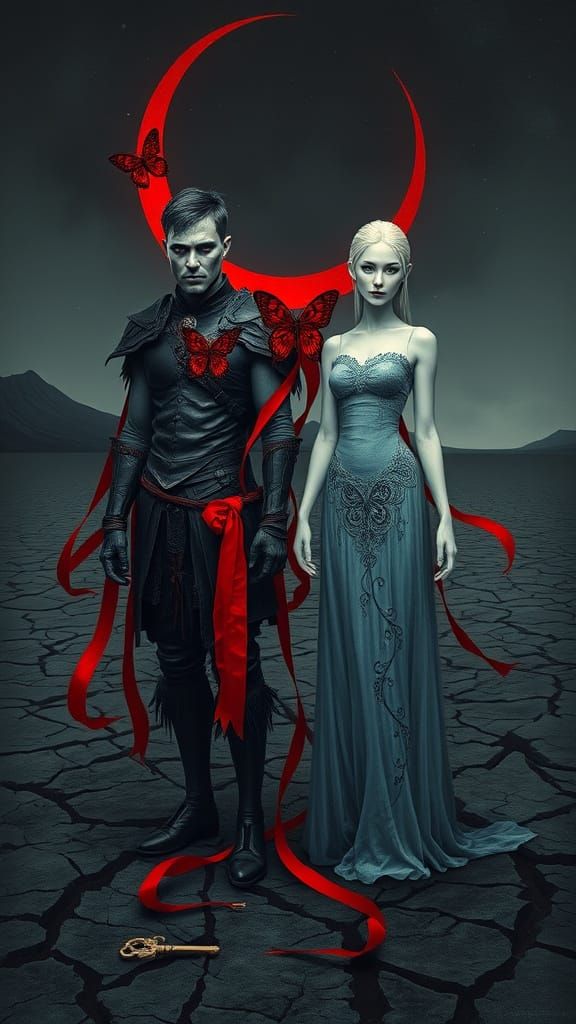 Twin Figures at a Crossroads in a Surreal Desert Landscape