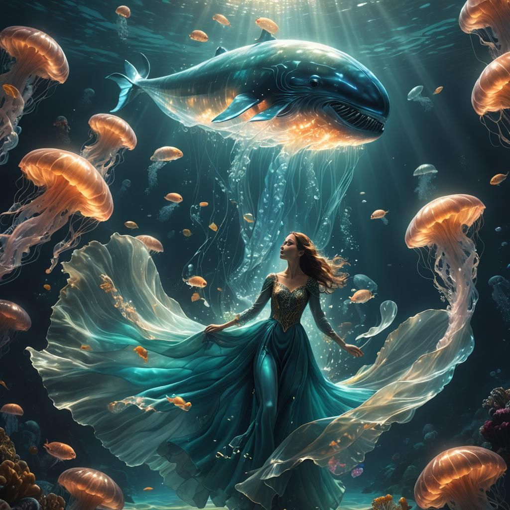 Woman with Glass Whale in Underwater Scene