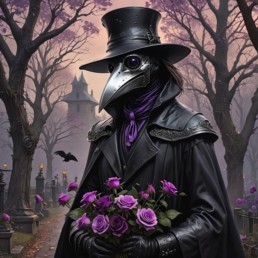 Plague Doctor with Roses in Gloomy Park