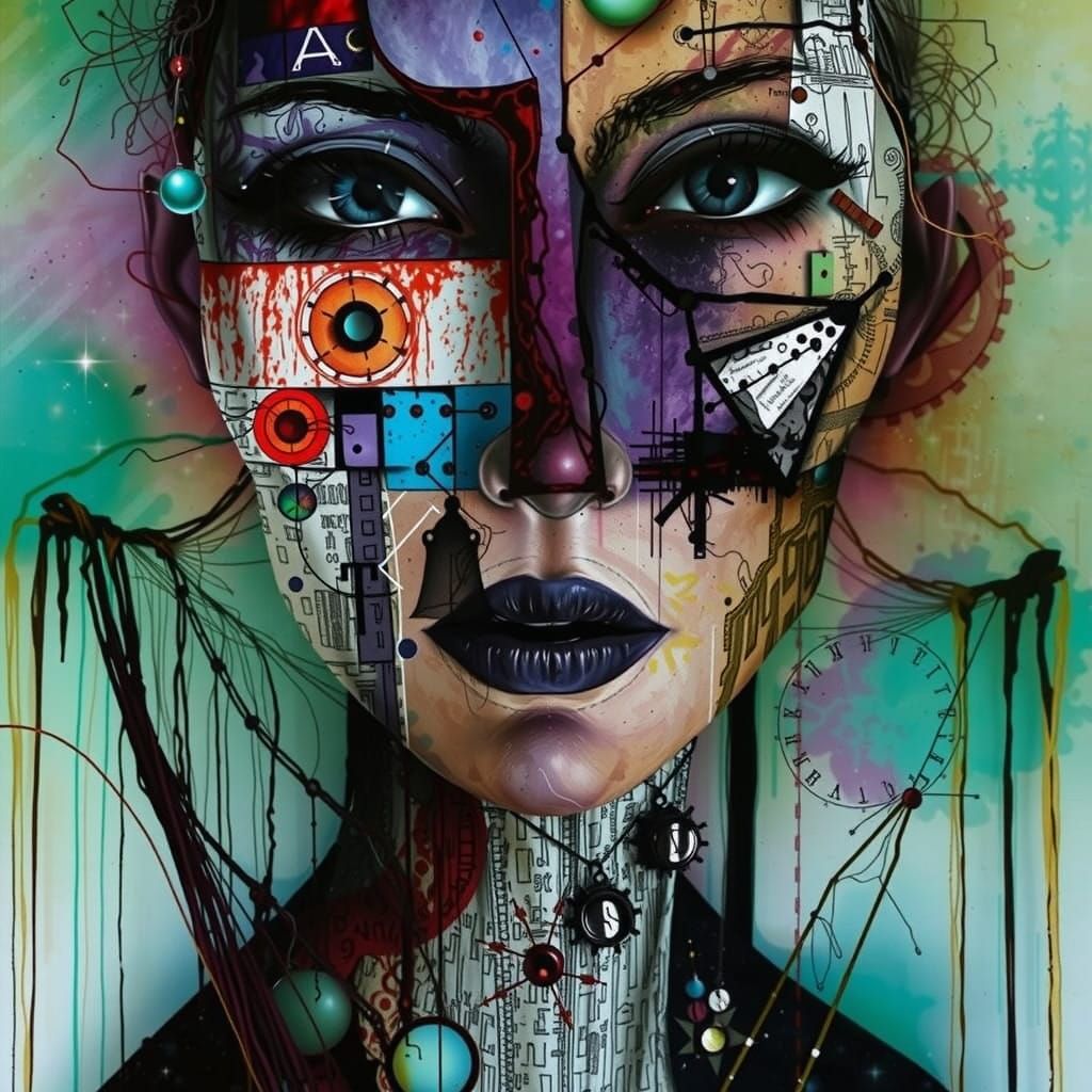 Cyberpunk Woman in Multicolored Geometric Abstraction