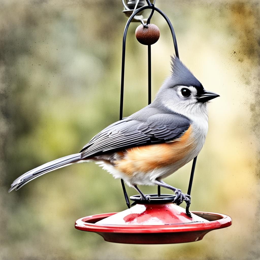 Tufted Titmouse on Bird Feeder in Watercolor