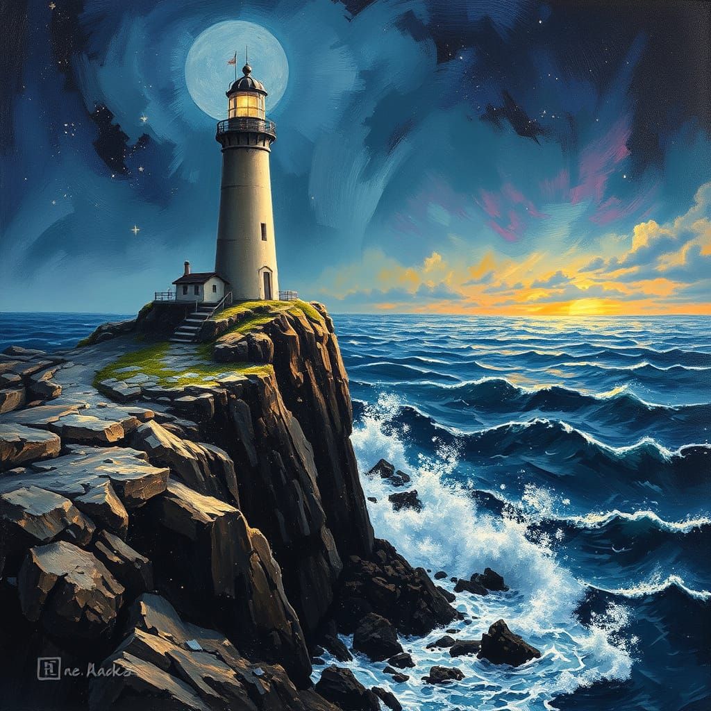 Ancient Lighthouse on Starry Ocean Cliff in Impasto Style