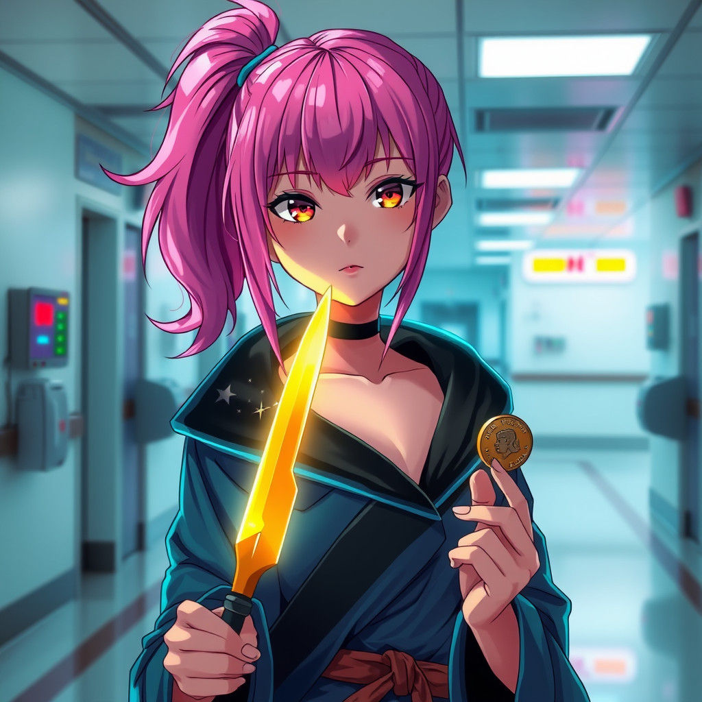 Pink-Haired Girl with Golden Knife in Hospital