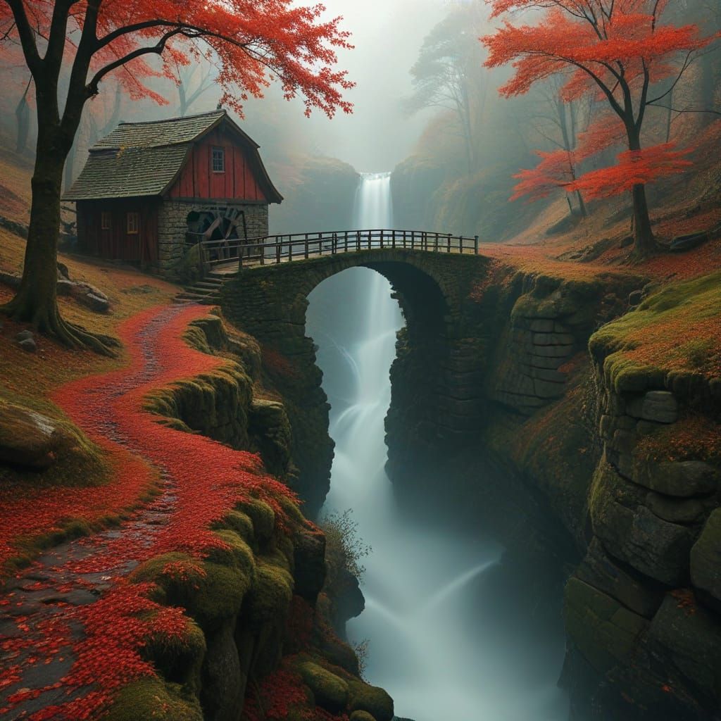 Romantic Germanic Foot Bridge in Autumn