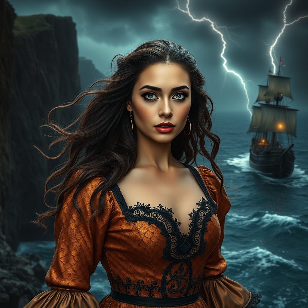 Hispanic Woman in Copper Musketeer Dress Amidst Storm