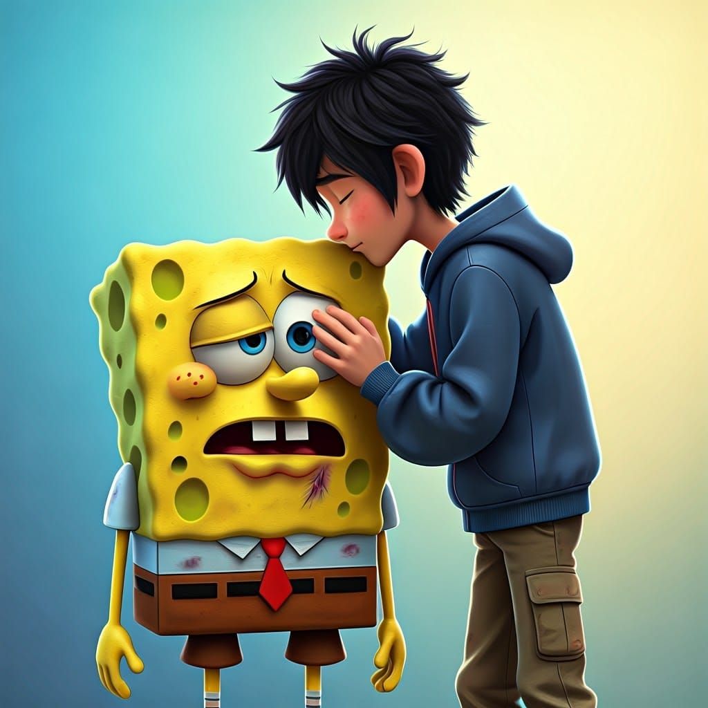 SpongeBob Comforted: A Pixar-Style 3D Digital Art