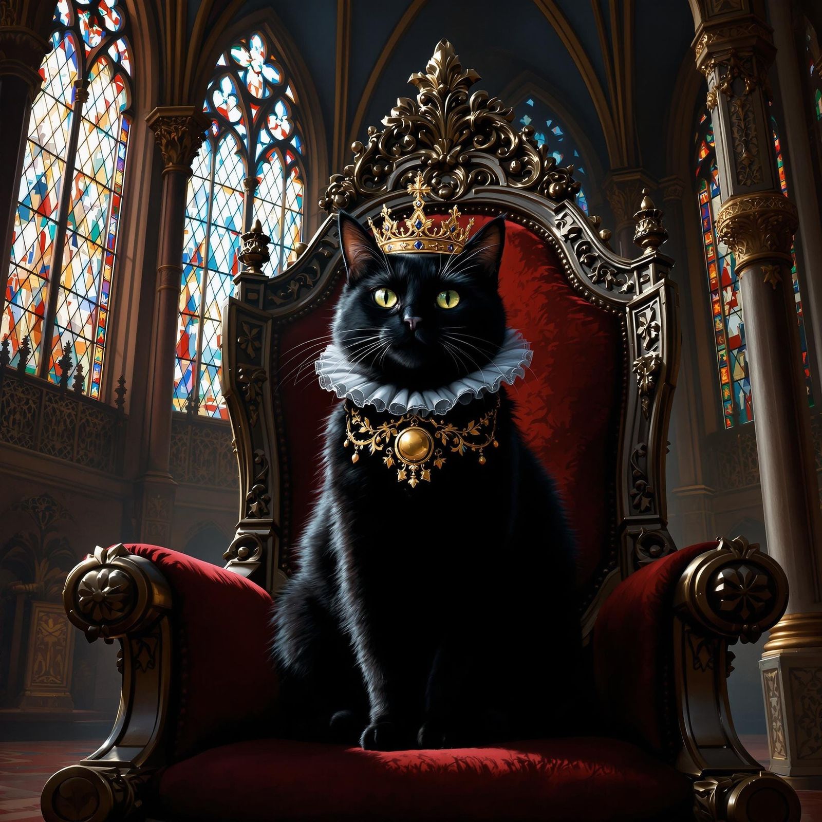 Regal Black Cat on Throne in Gothic Cathedral