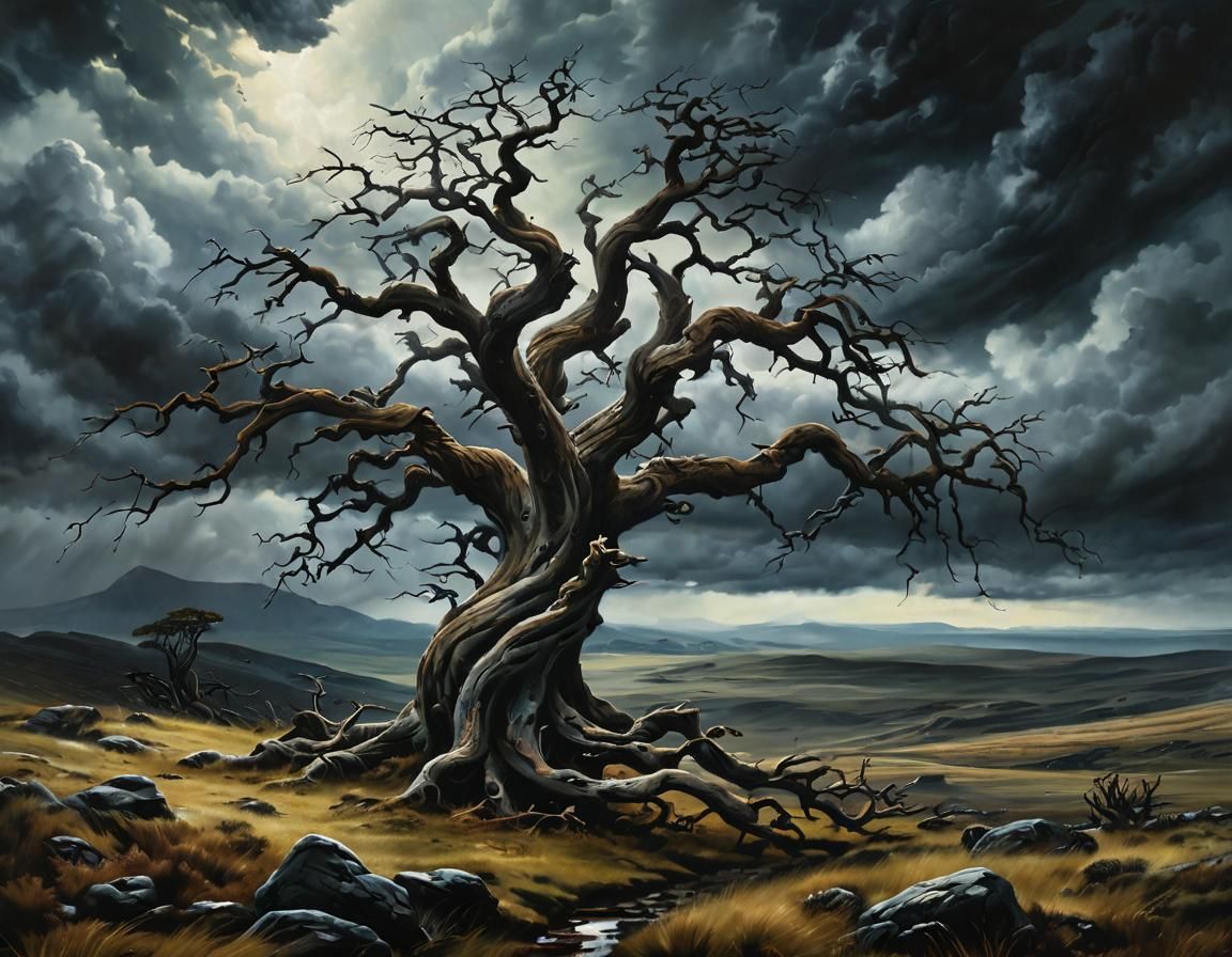 Ancient Tree on Moor, Moody Oil Painting