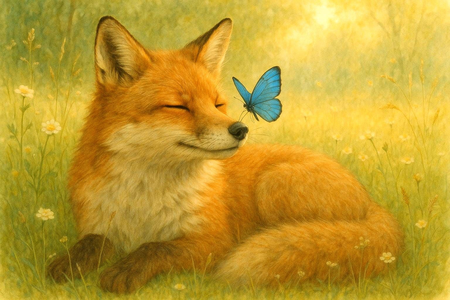 Peaceful Fox with Butterfly in Sun-Dappled Meadow