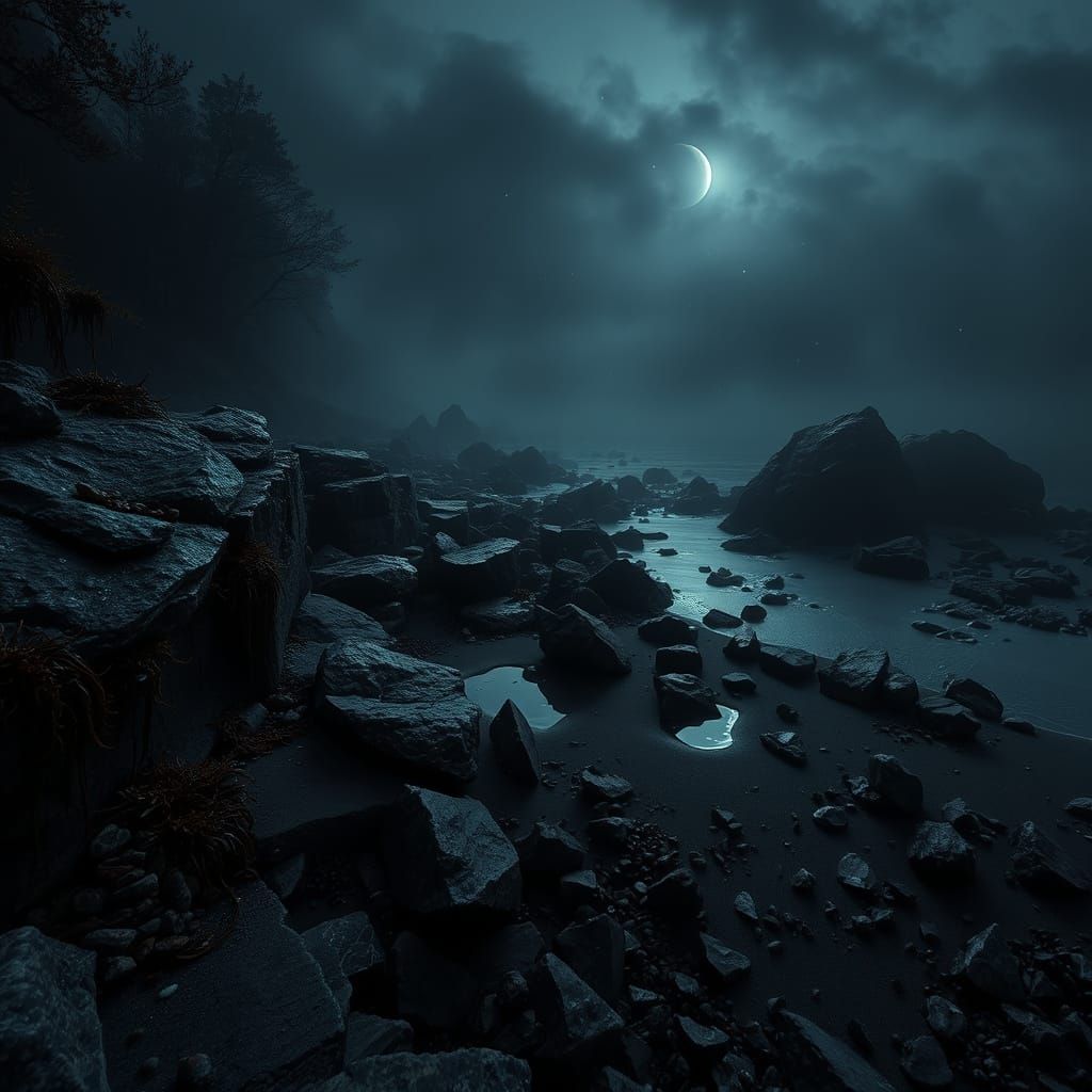 Twilight Shoreline: Rocky Coast Meets Ancient Forest