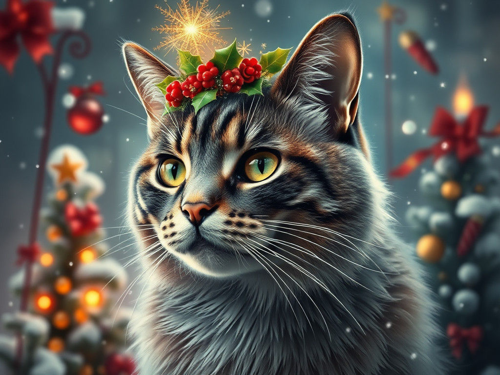 Majestic Cat in Whimsical Christmas Dreamscape