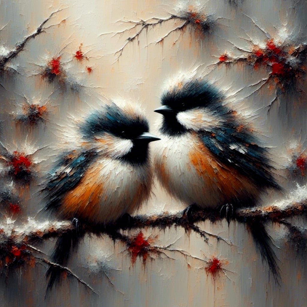 Lovebirds in Rain: Fluffy, Wet, and Texturized