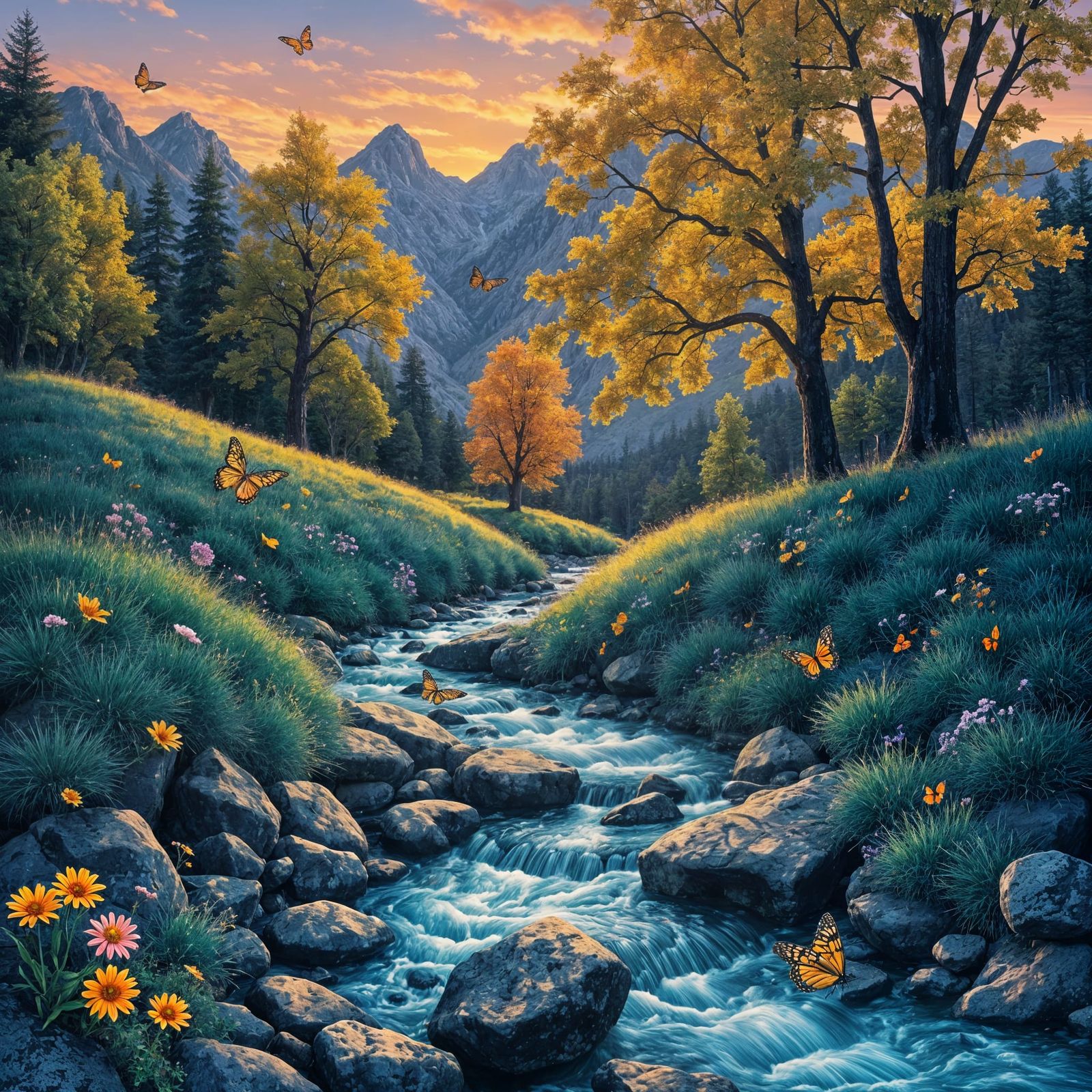 Ethereal Autumn Landscape with Stream and Mountains