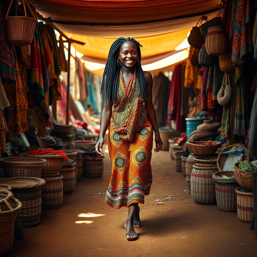 African Woman in Village Market, Expressive Mixed-Media Art