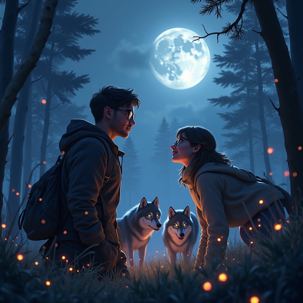 Mystical Moonlit Lovers in Enchanted Forest