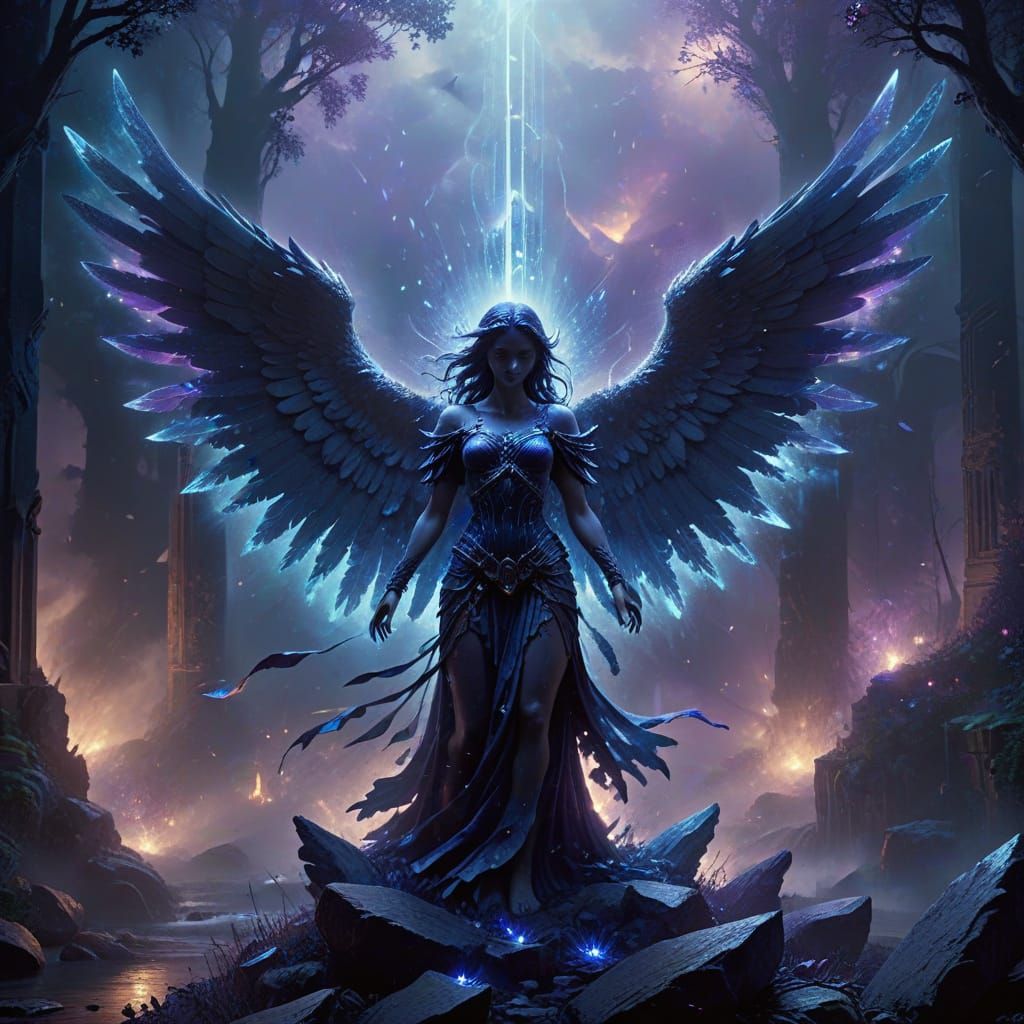 Ethereal Angel in Dark Fantasy Landscape