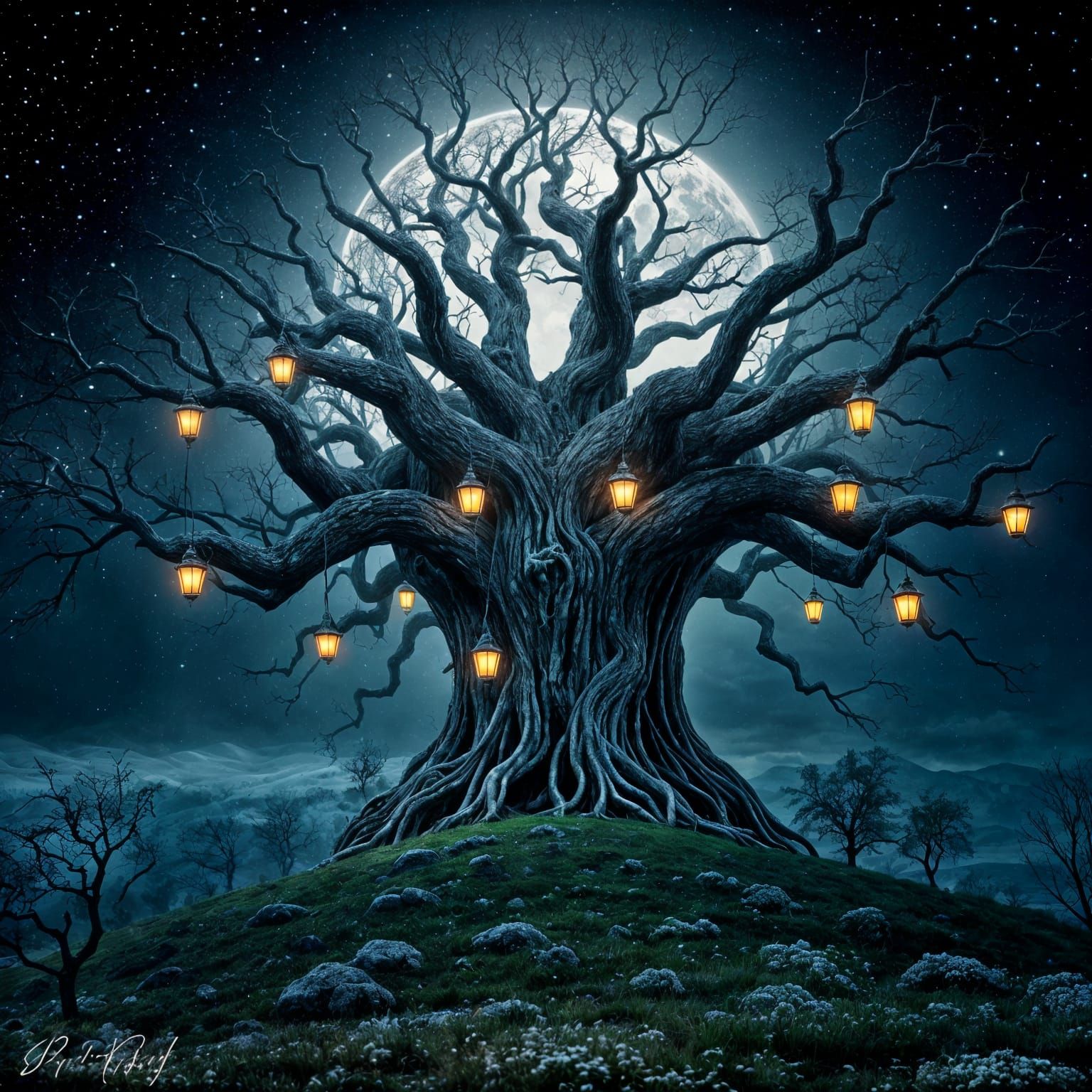 Ancient Enigmatic Tree Illuminated by Starlight