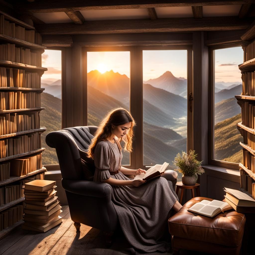 Girl Reading Book Surrounded by Knowledge
