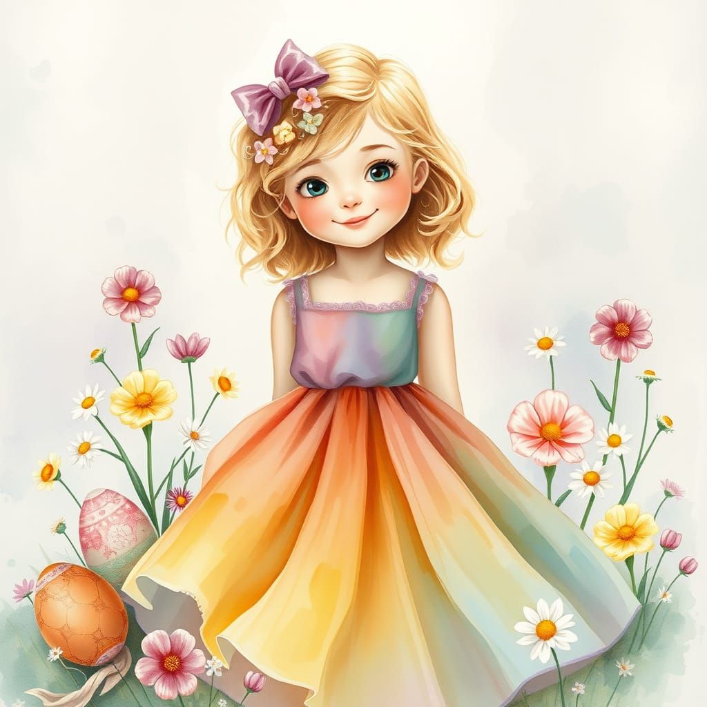 Blonde European Girl in Whimsical Easter Scene