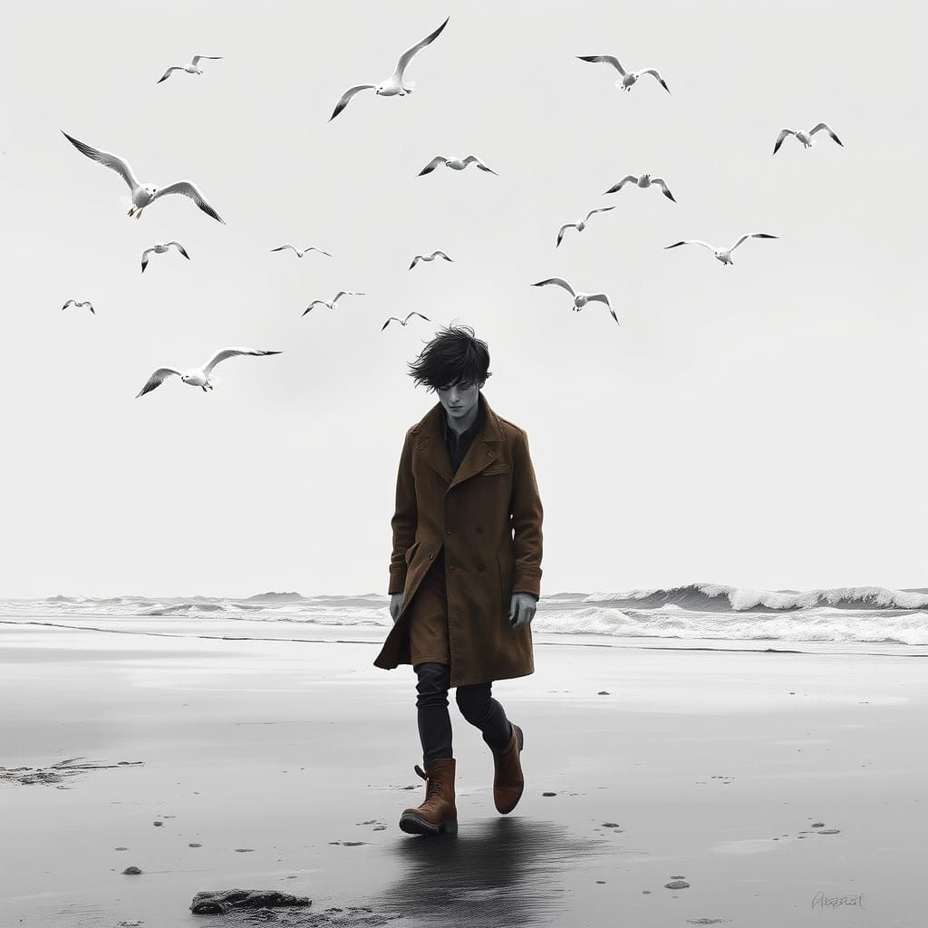 Desolate Shoreline in Charcoal Sketch Style