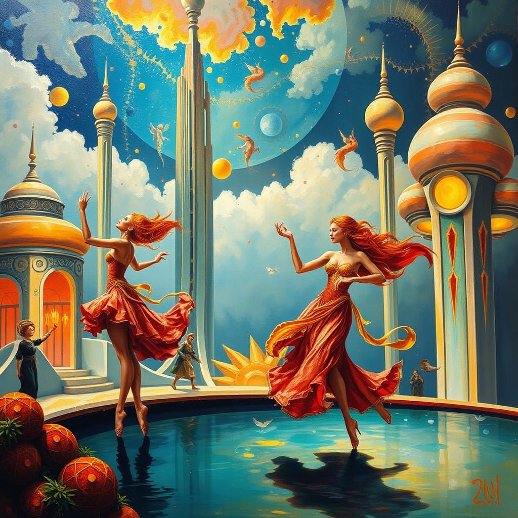 Surreal Celebration: Nymph Dancers in Futuristic City