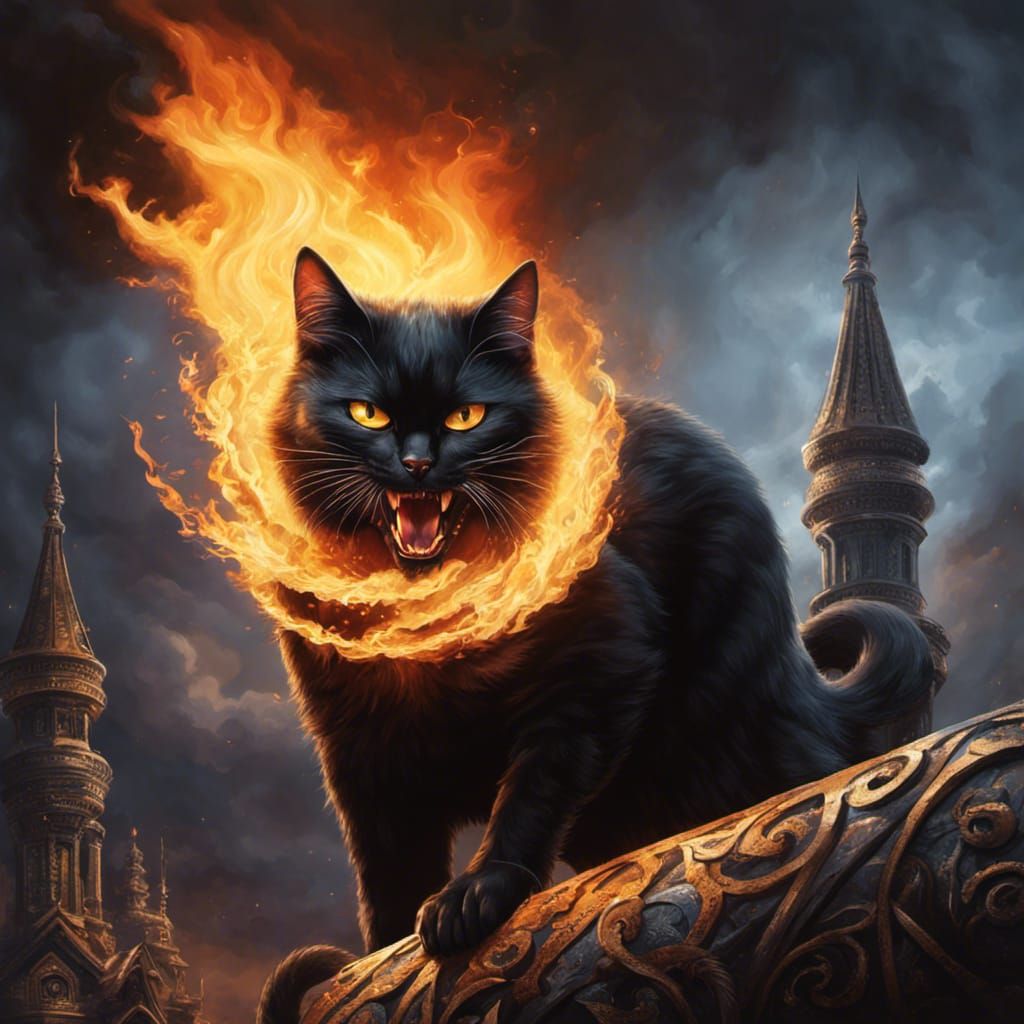 Sinister Black Cat Hissing with Fire Eyes