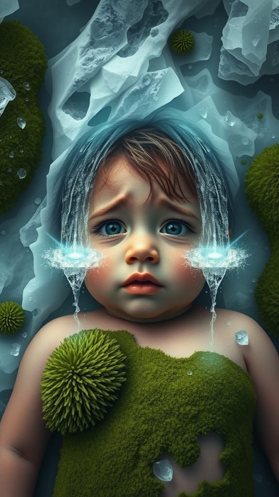 Crying Avatar Child Waterfalls in Dreamlike Landscape